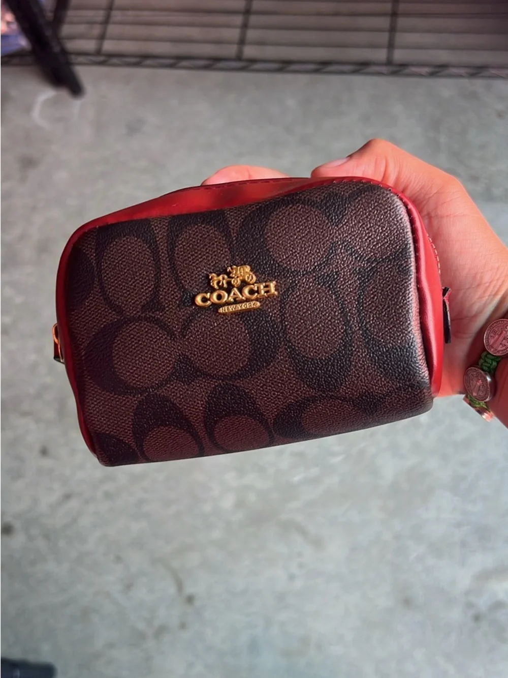 Coach Small Signature Wristlet Pouch in Brown and Red Trim